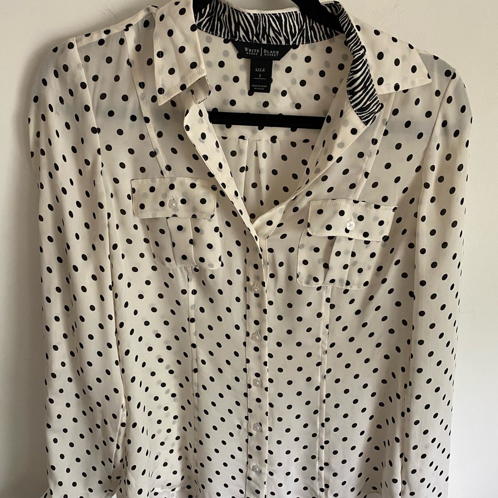 White House Black Market Silk‎ Polka Dot Button Down Shirt Office Siren